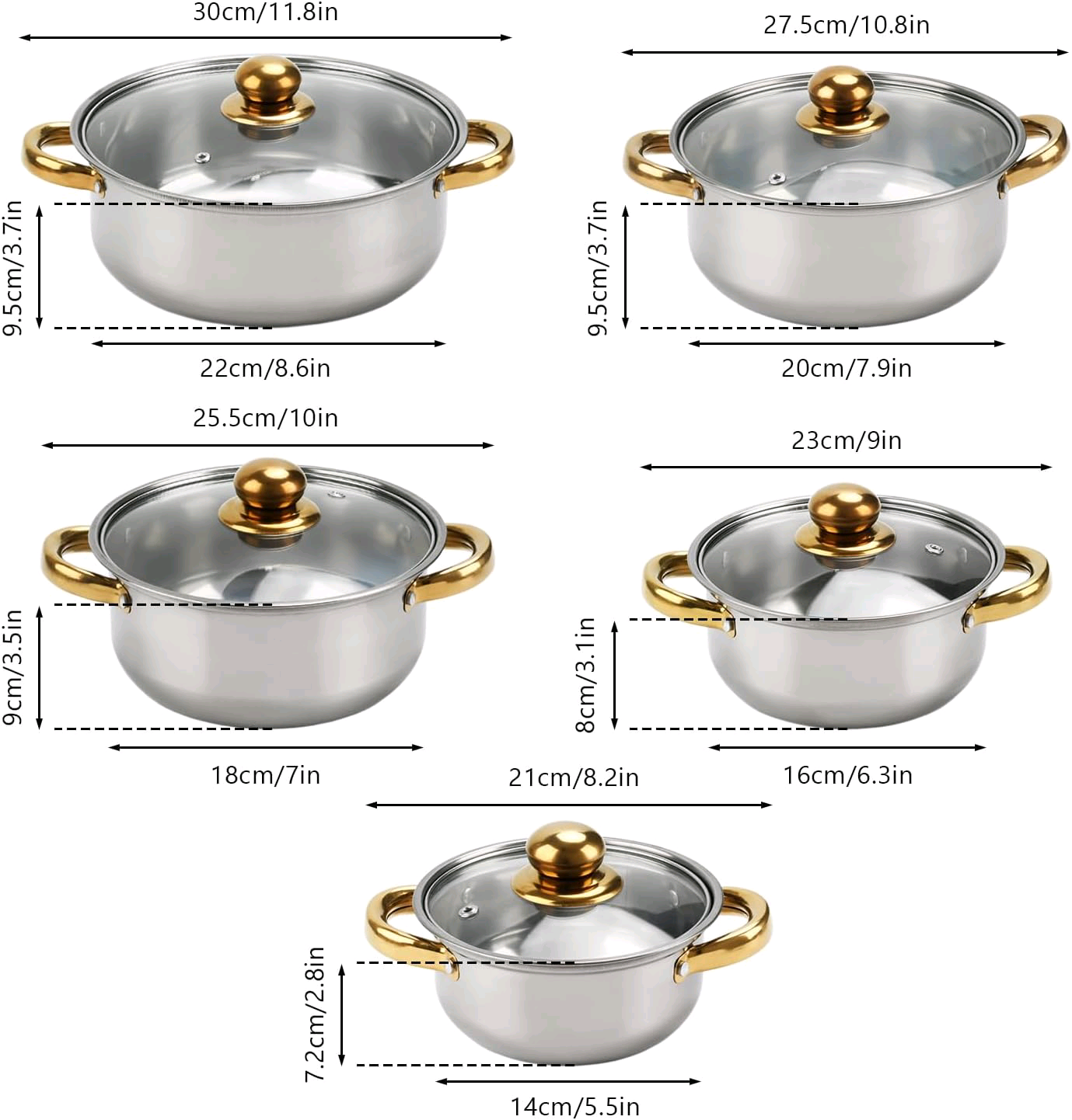 Casseroles inox dorées de 5 Pièces